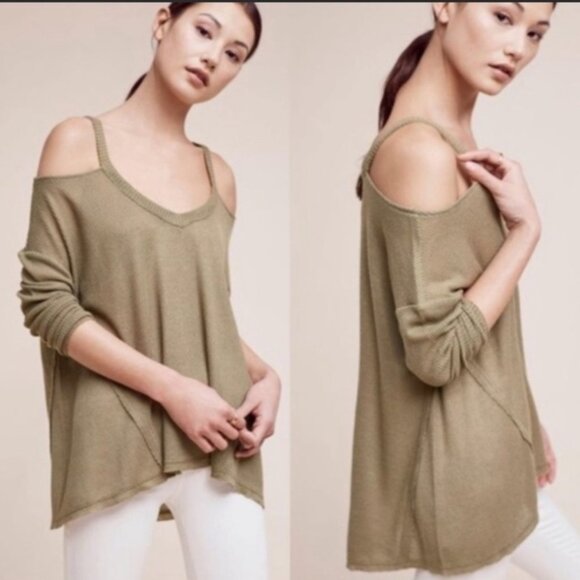 ANTHROPOLOGIE Deletta Millipa Cold Shoulder Waffle Knit Olive Swing Top - Med - Picture 2 of 13